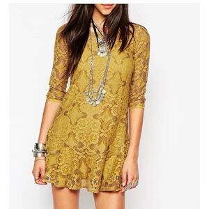 Free People Walking In the Sunshine Dandelion Lace Dress Women’s Size 2 XS Gold